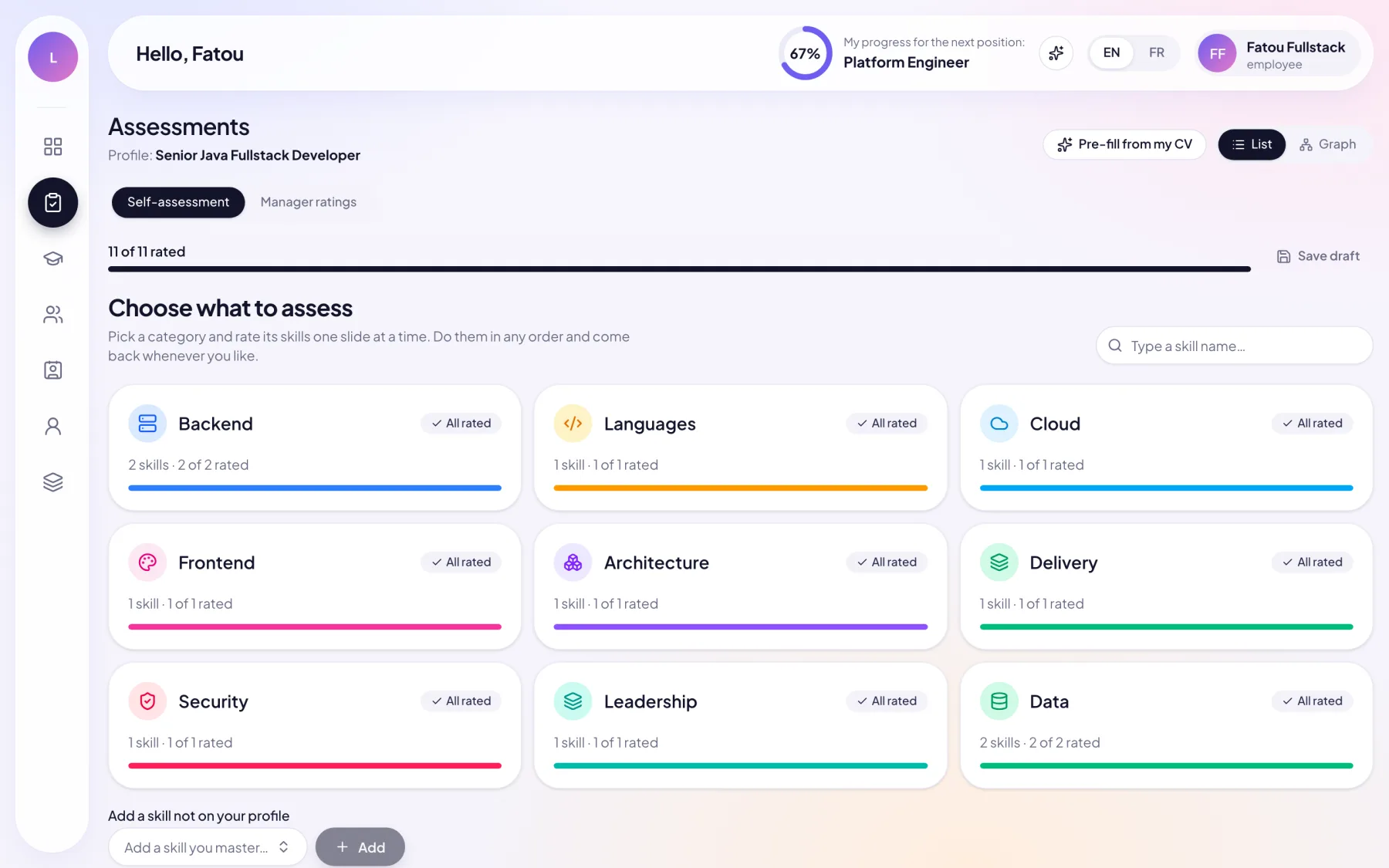 The self-assessment page, with skills grouped by category and progress shown for each.